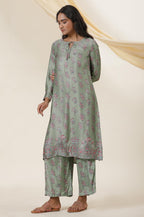 W For Woman Folksong Green Festive Printed Viscose A-Line Kurta