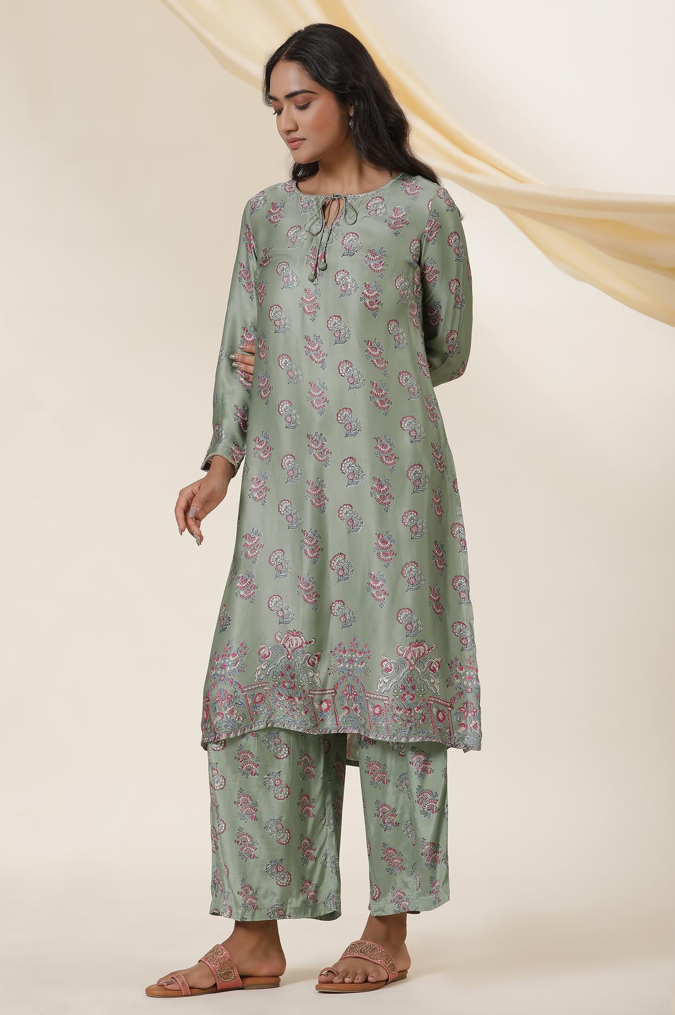W For Woman Folksong Green Festive Printed Viscose A-Line Kurta