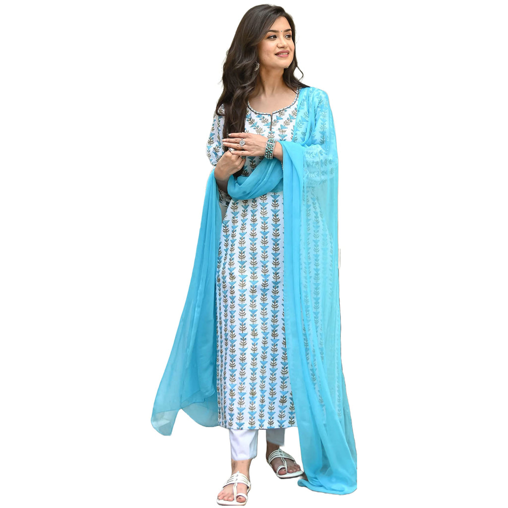 ANNI DESIGNER Womens Cotton Blend Straight Printed Kurta with Pant & Dupatta (April-Sky Blue_L_Sky Blue_Large)