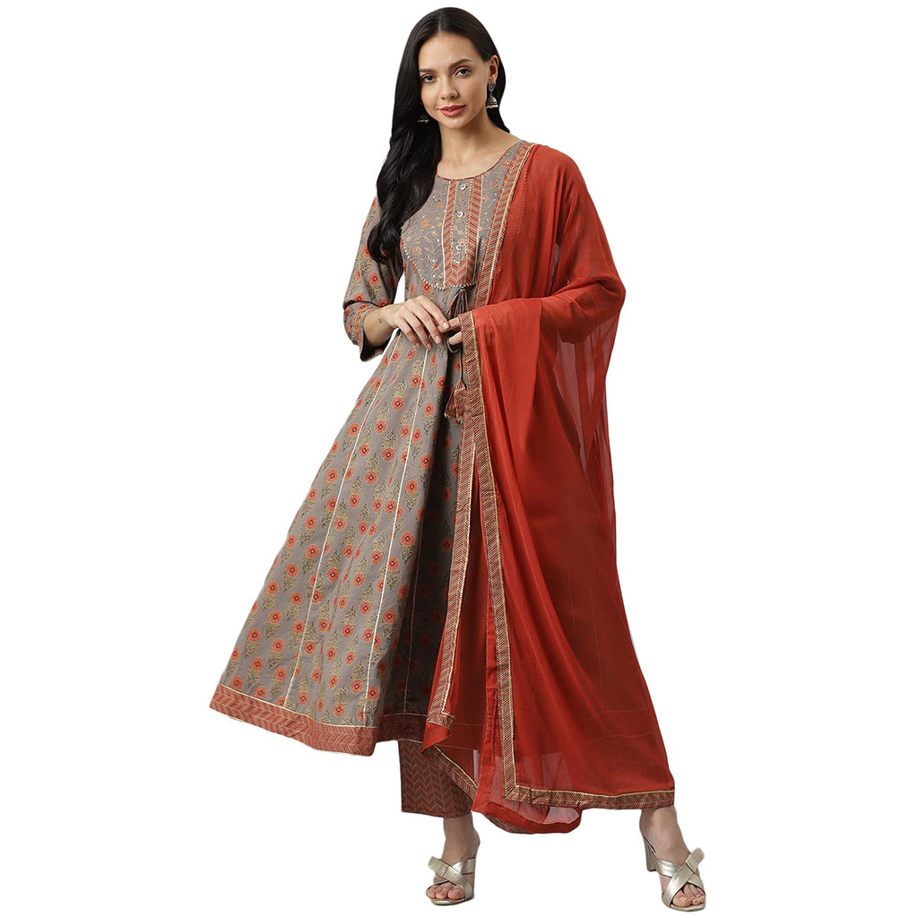 Stylum Women'S Floral Printed Cotton Anarkali Kurta Pant Dupatta Set (Kpdherugrey36_Grey, S)