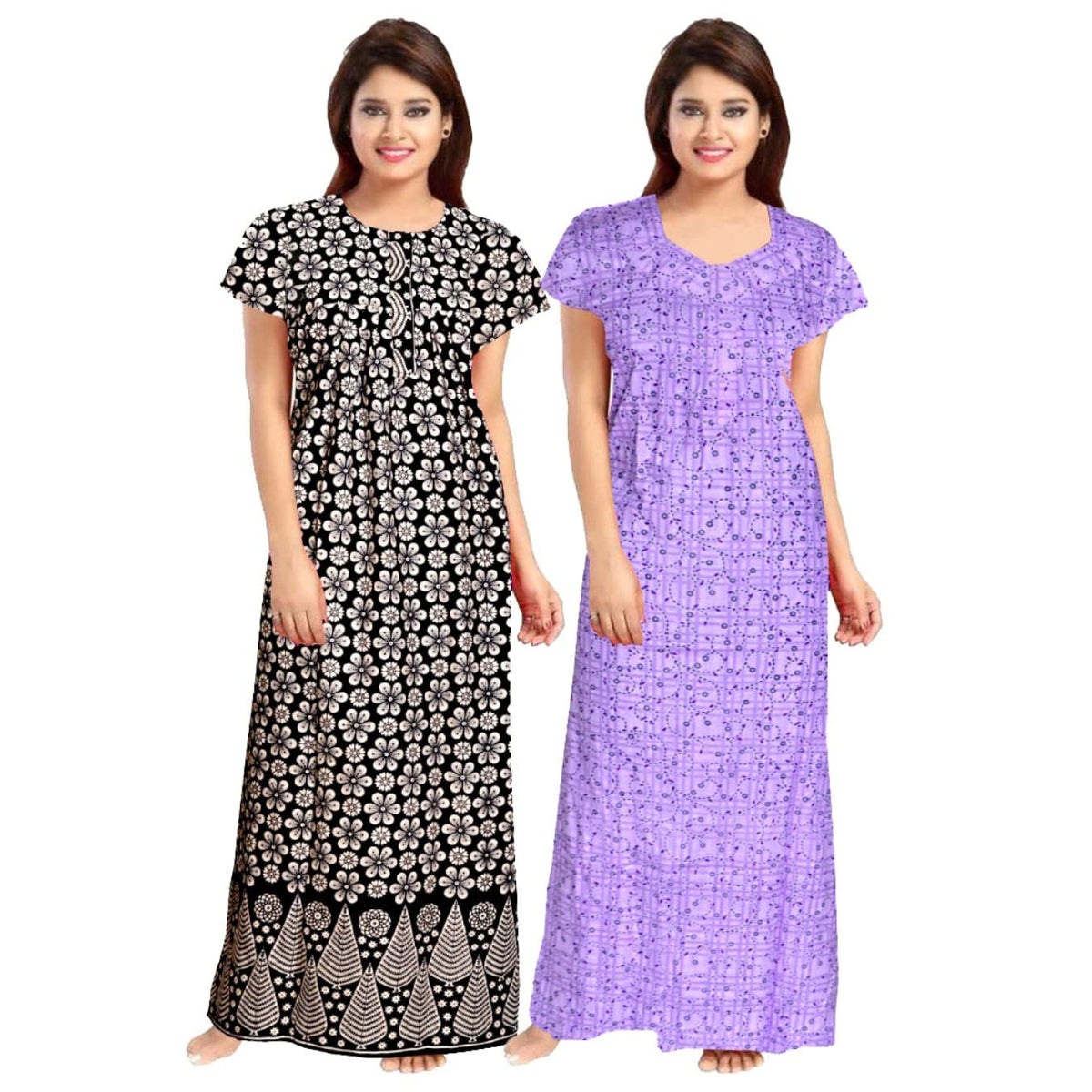 Trendy Fab Jaipuri Cotton Printed Maternity Front Zipper Full Length Maxi Nighty Gown (Pack Of 2) 2