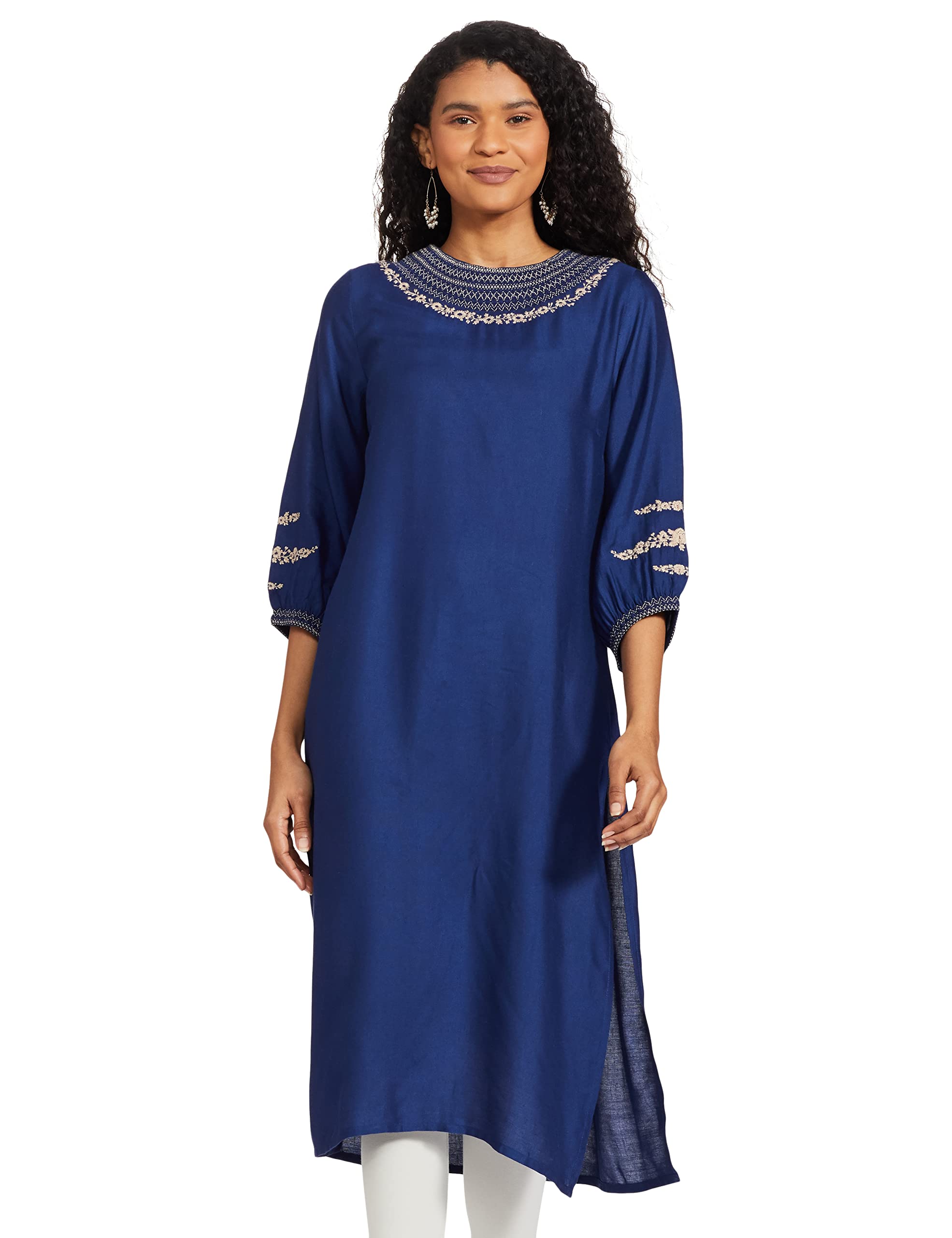 W For Woman Rayon Blue Solid V-Neck Straight Kurta_22Few15961-216682_2Xl