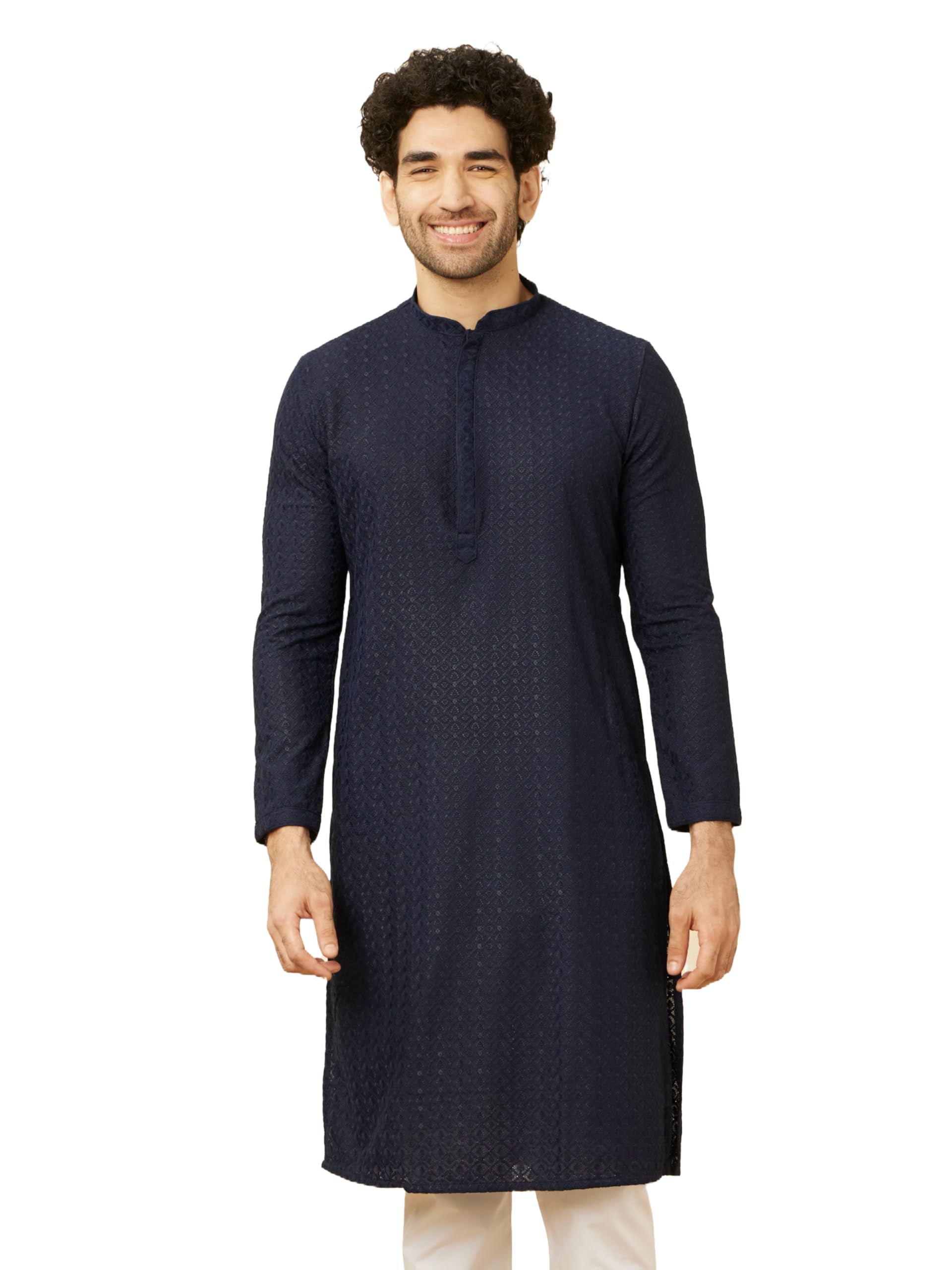 Manyavar Blue Blended Cotton Embroidery Kurtas For Men (Kurta Only)