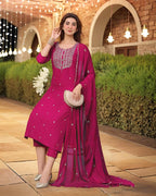 ANNI DESIGNER Women s Viscose Rayon Embroidered Straight Kurta with Trousers and Dupatta, Pink, 44