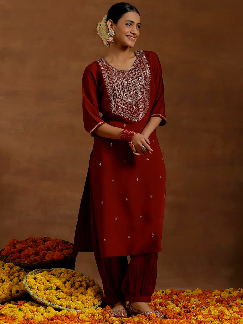 Libas Gerua Womens Yoke Design Silk Blend Straight Kurta With Salwar And Dupatta