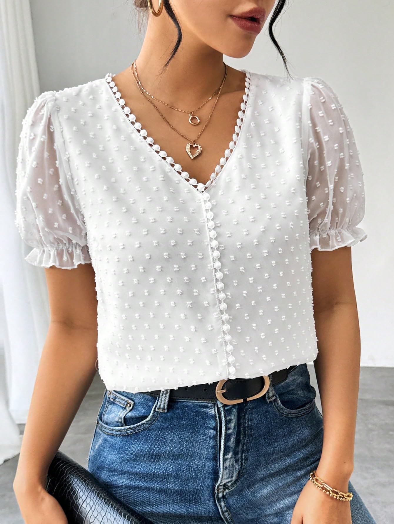 Shasmi Womens Elegant French Textured Fabric Solid White Color Lace Panel V-Neck Jacquard Blouse,Short Puff Sleeve Tops Simple