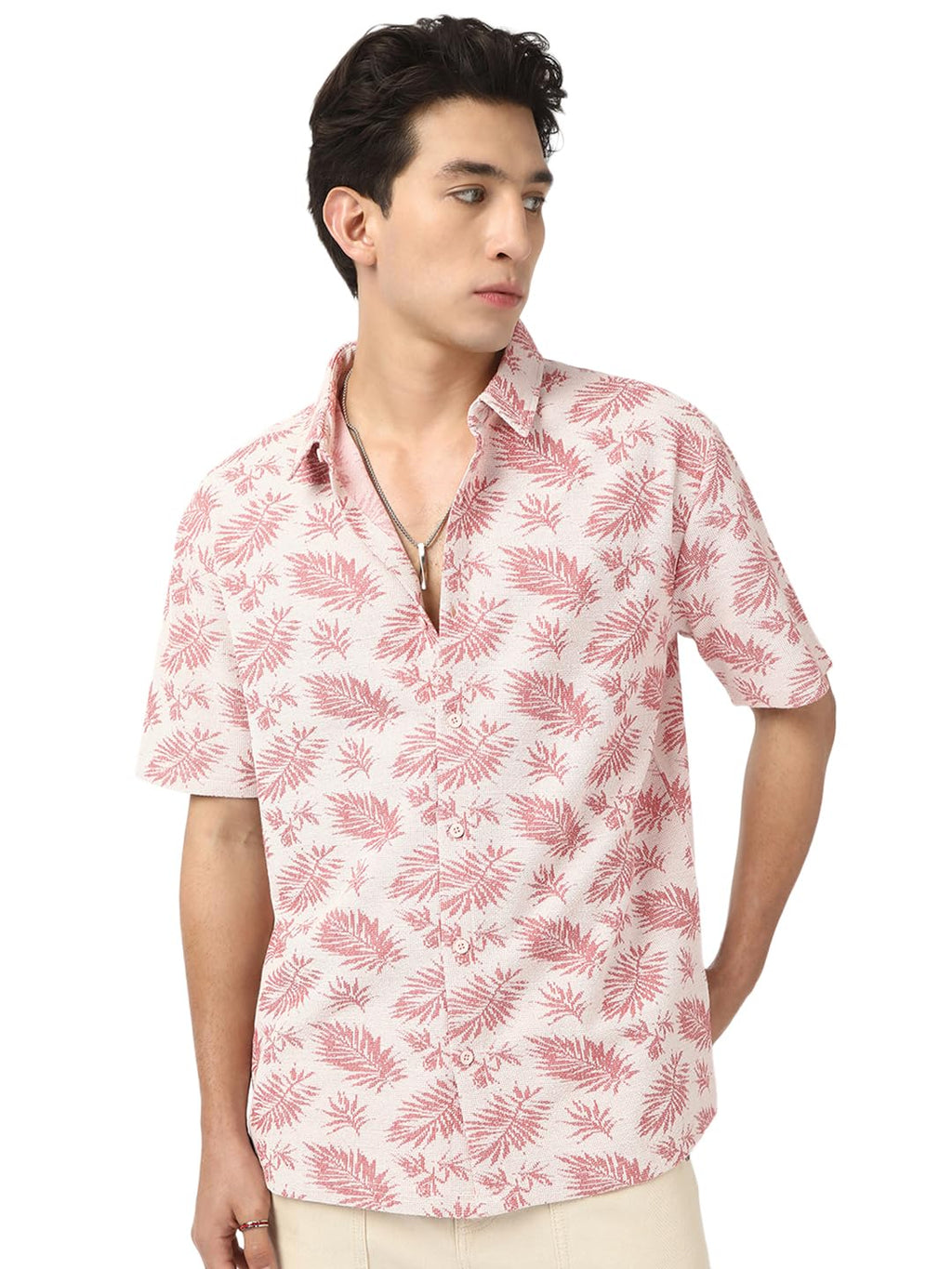 Bewakoof Mens All Over Printed Oversized Fit Half Sleeve Resort Collar Jacquard Shirt_677336_Orange_XL