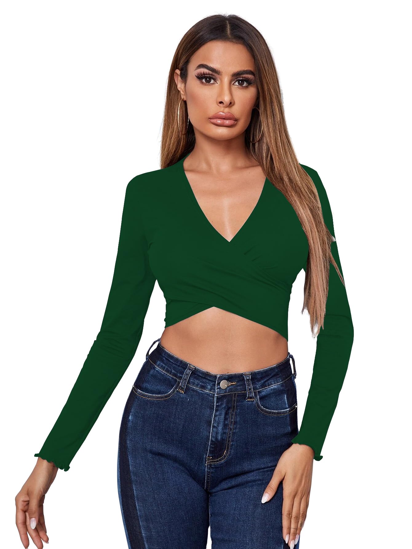 AVANOVA Womens & Girls Bottle Green Full Sleeve, V-Neck, Ruched Bust Solid Tops for Women/Tops, T-Shirts for Girls (TOP 64 Bot