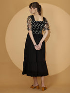 Sheetal Associates WomenS Casual Puff Sleeves Crepe Floral Fit And Flare Dress Black