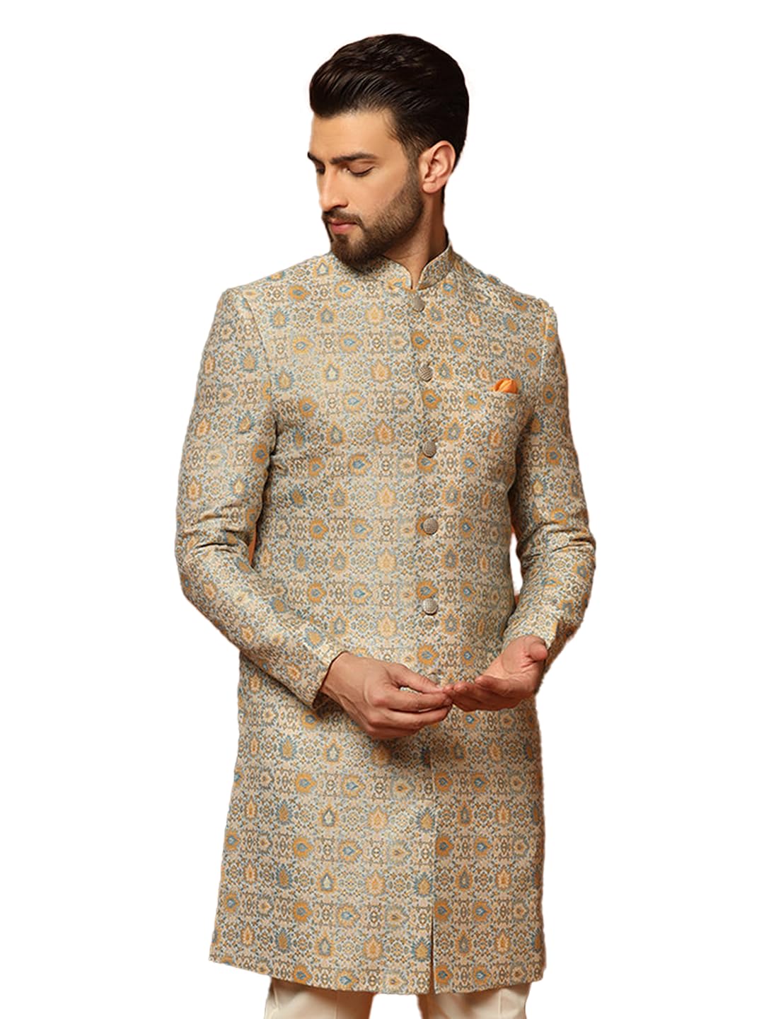 Kisah MenS Sherwani & Trouser Set  Textured Silk Blend Jacquard Ethnic Wear For Men  Regular Fit Wedding & Festive Look  Dry Cle
