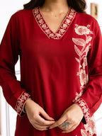 Ishin Maroon Floral Printed Kurta With Solid Palazzo