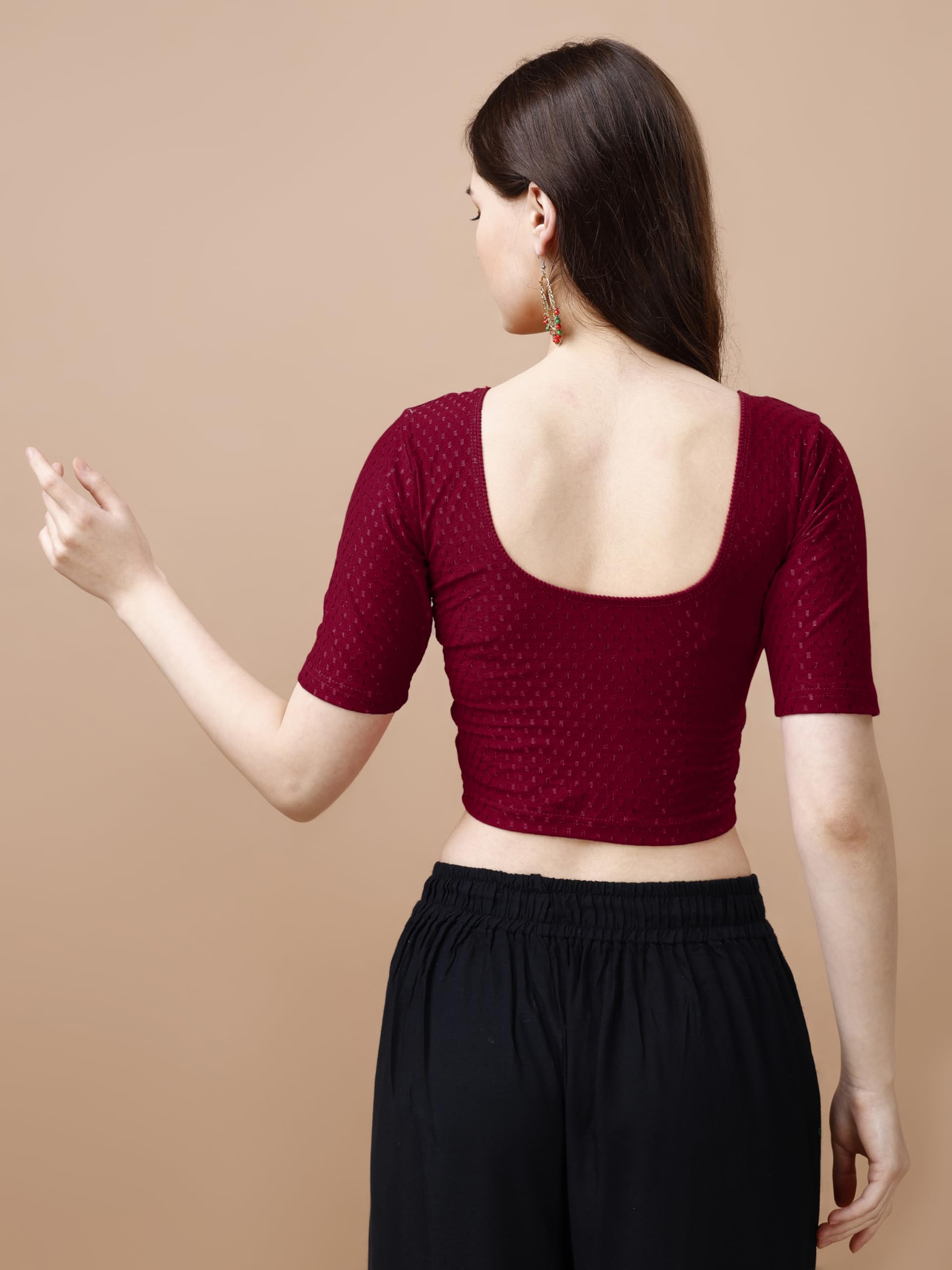 Pujia Mills WomenS Readymade Dobby Cotton Lycra Stretchable Round Neck Half Sleeve Blouse Fancy Maroon Color Lycra Stretchable