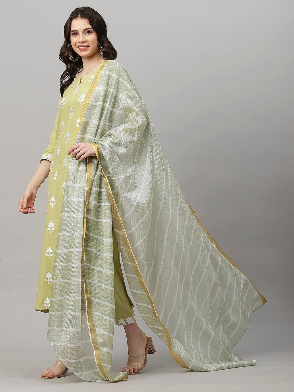 Gosriki Womens Cotton Blend Kurta Pant With Dupatta