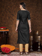 Stylum Womens Woven Design & Embroidered Lurex Cotton Straight Kurta Black