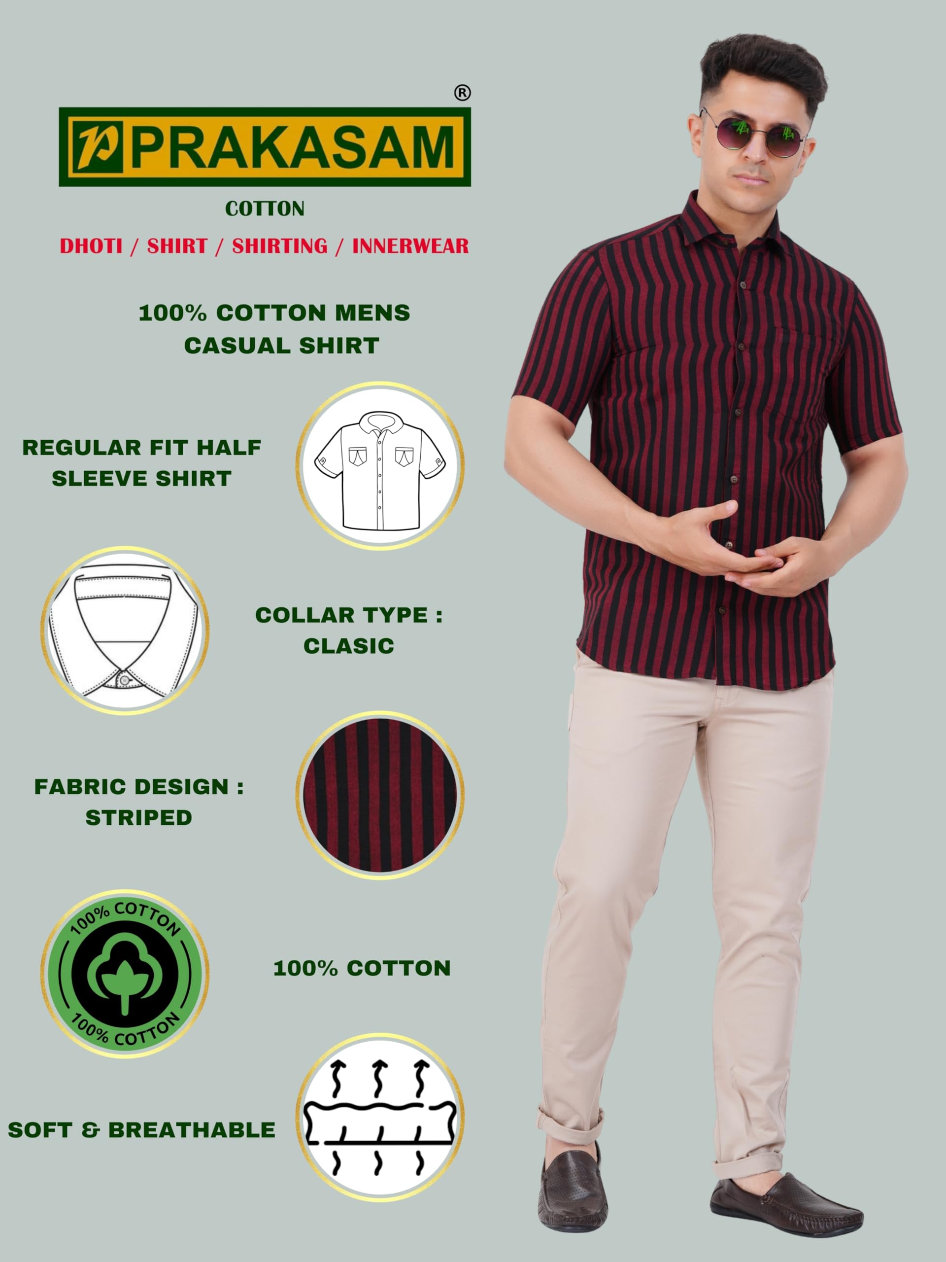 Mens Striped Regular fit Cotton Casual Shirt Maroon