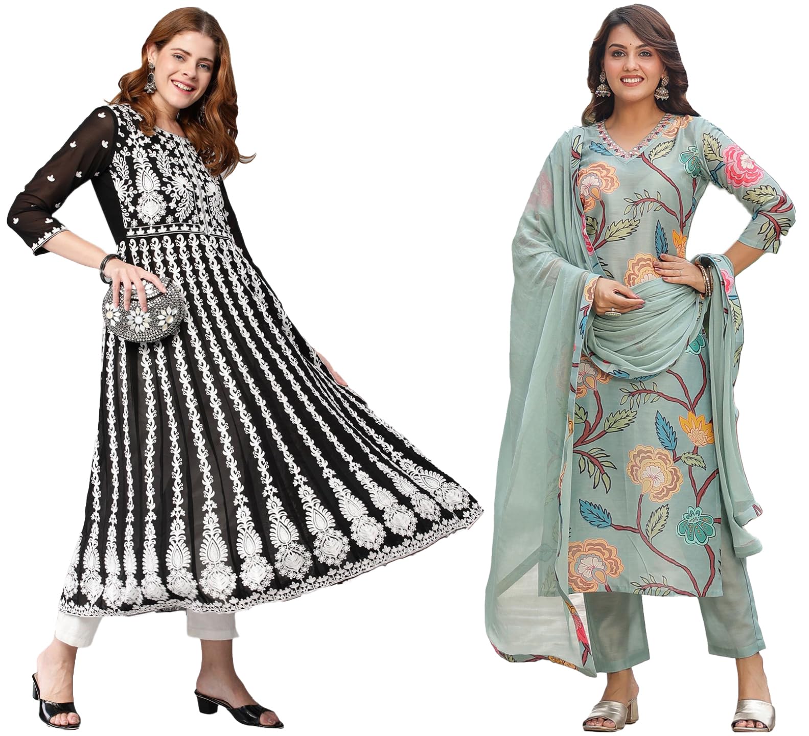 ANNI DESIGNER Womens Cotton Blend Embroidered Straight Kurti Pant Dupatta Set Combo Pack of 2 (Twig Pista & Kari Black_2107_Mul