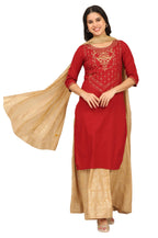Aurelia Women'S Red Foil Printed Yoke Pure Cotton Straight Kurta, Skirt And Dupatta Set (Size: 2Xl)-Onas14750-507685