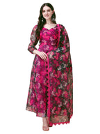 Women Floral Print Anarkali Kurta with Pant and Dupatta (KRT547) (Medium, Pink)