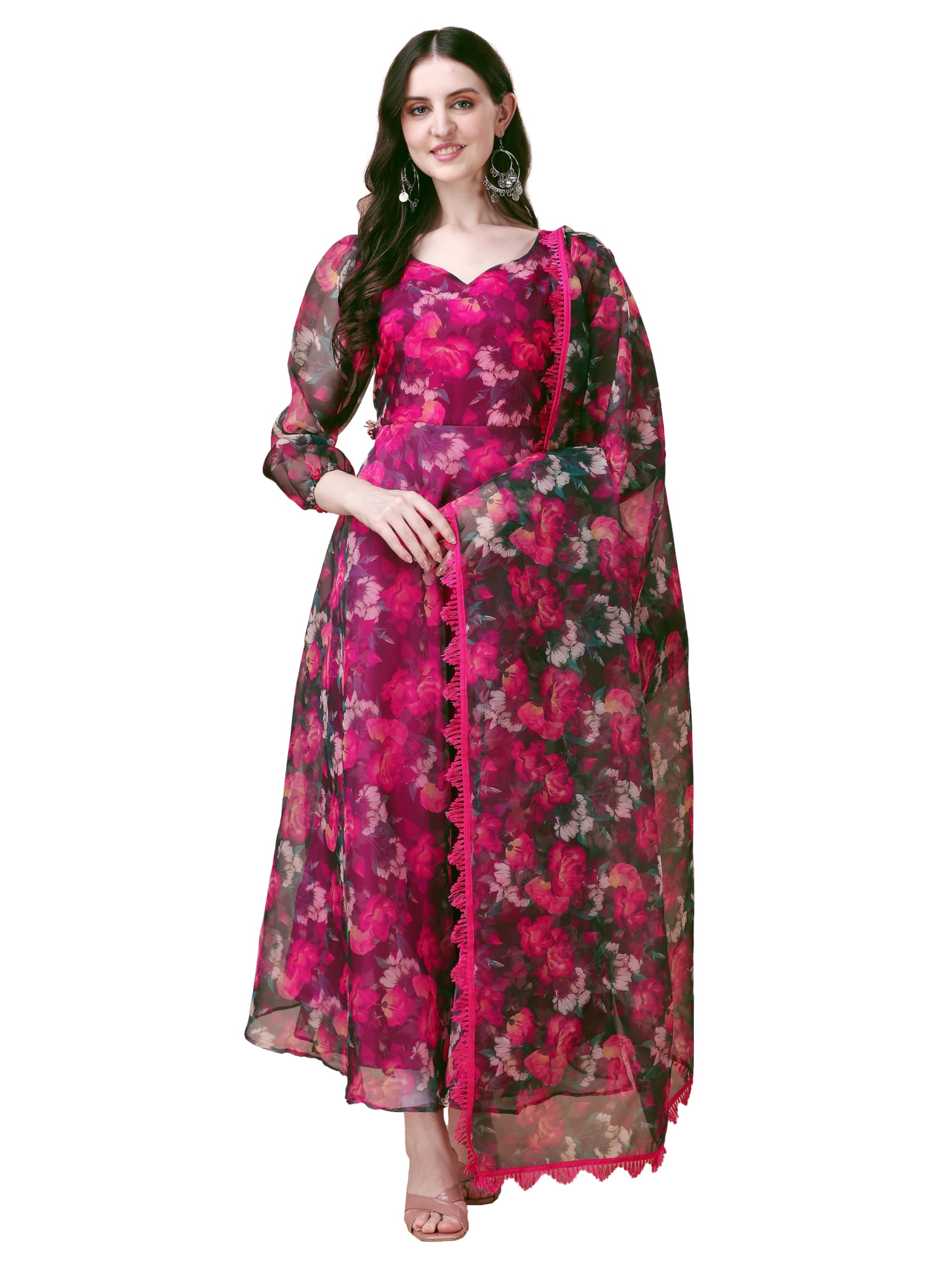 Women Floral Print Anarkali Kurta with Pant and Dupatta (KRT547) (Medium, Pink)