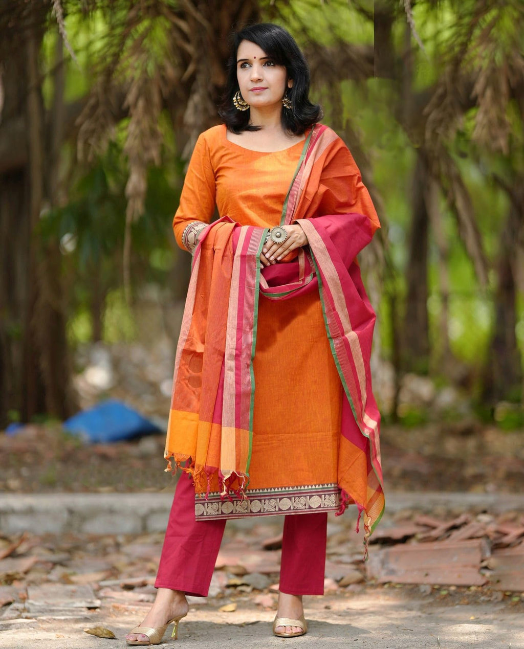 ANNI DESIGNER Womens Rayon Viscose Solid Straight Kurta with Pant & Dupatta (SHAMSHERA Orange_XL_Orange_X-Large)