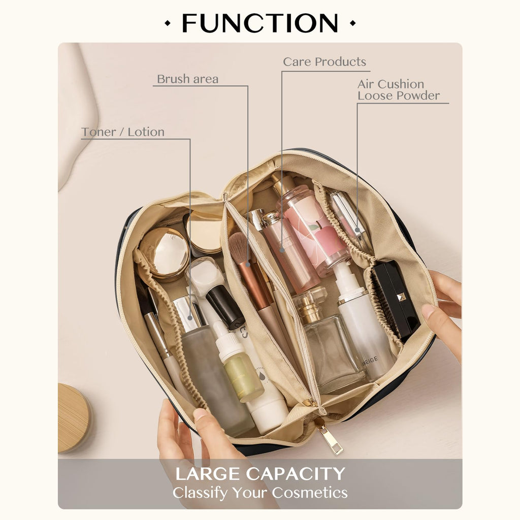 AURUZA Large Capacity Makeup Bag, Travel Cosmetic Bag With Handle and Divider Flat Lay Organizer Portable Toiletry Bag,Makeup St