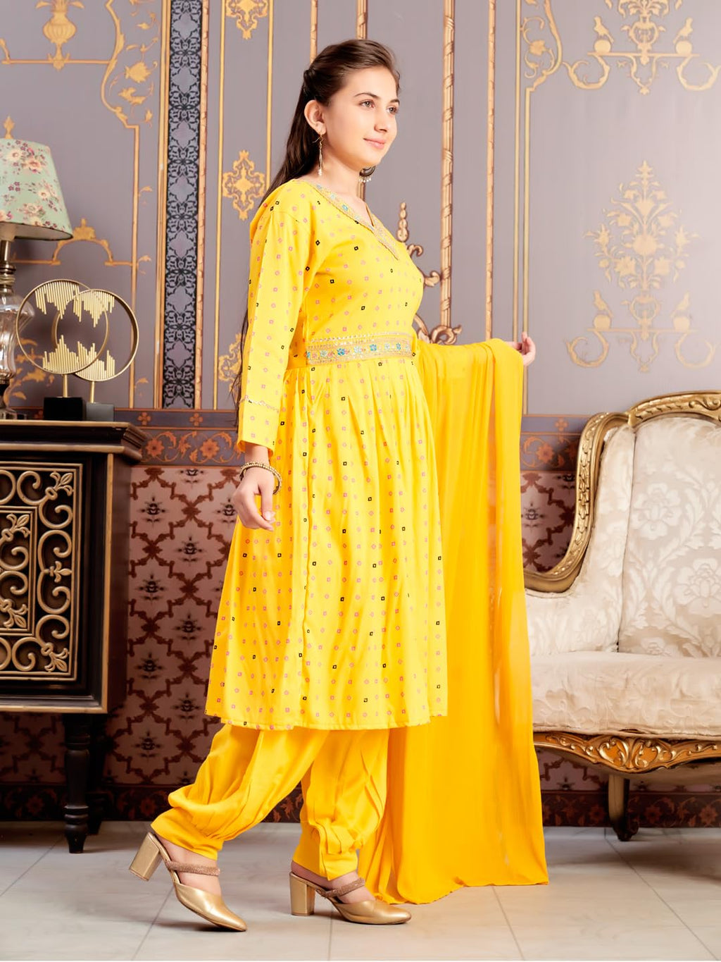 Aarika Girls Ethnic Wear Yellow Colour Foil Print Embroidery Rayon Kurti-8-15 Years (Kurti-Tr-K-1023)