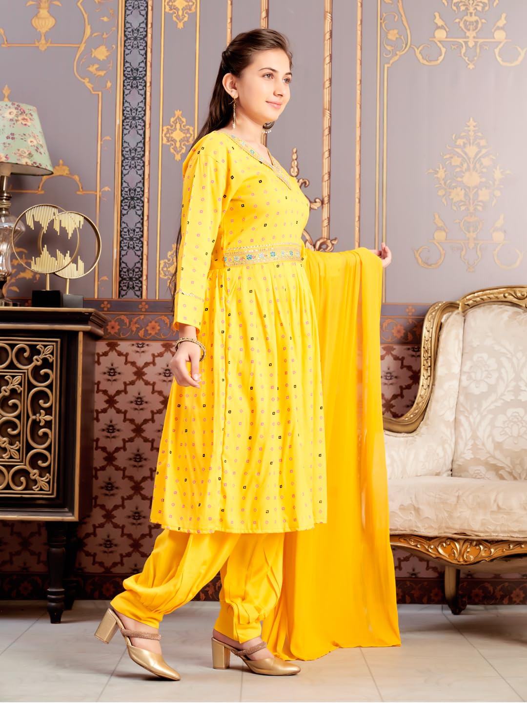 Aarika Girls Ethnic Wear Yellow Colour Foil Print Embroidery Rayon Kurti-8-15 Years (Kurti-Tr-K-1023)