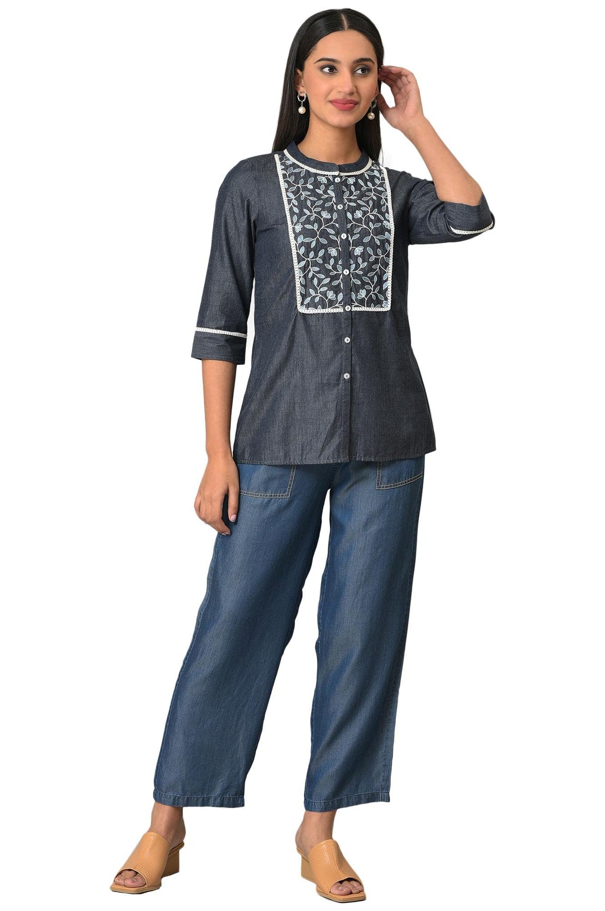 Aurelia Womens Lyocell Kurti & Pant (23FEAS30376-704093_Blue