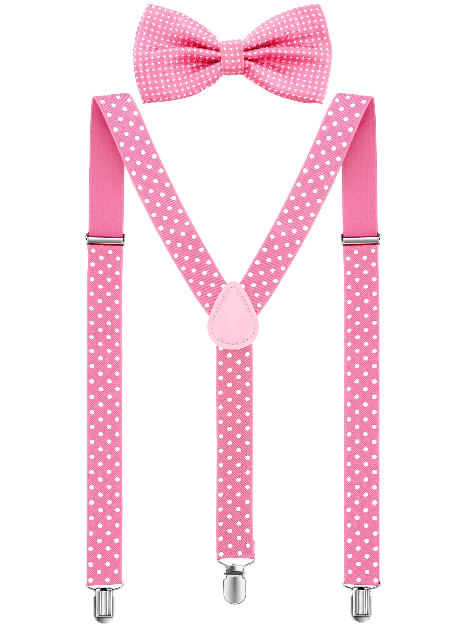 SATINIOR Suspender and Bow Tie Set 80s Clip on Suspenders for Men Women(Pink with White Dots)