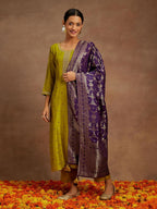 Libas Womens Self Design Silk Straight Kurta With Trousers And Dupatta