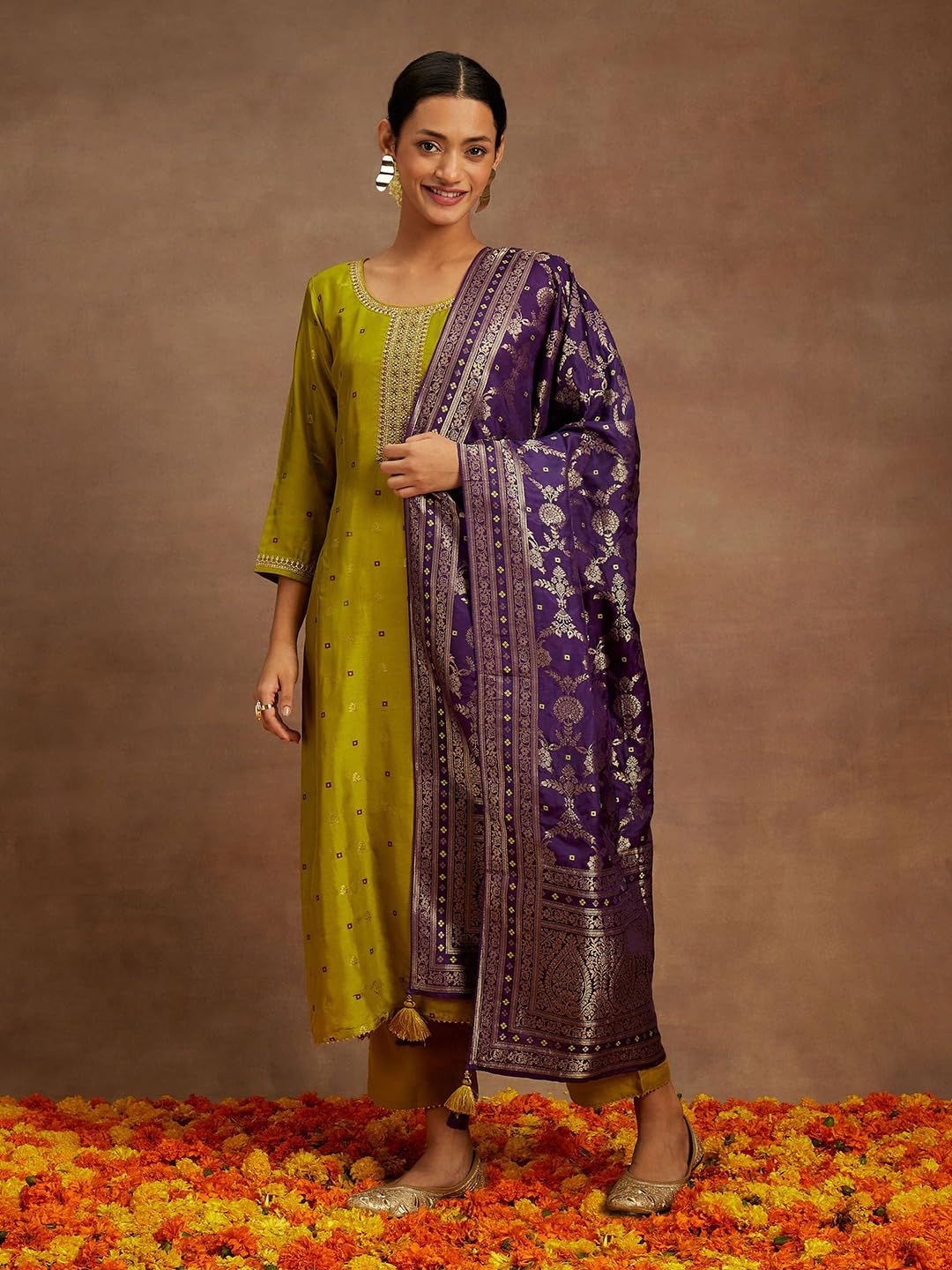 Libas Womens Self Design Silk Straight Kurta With Trousers And Dupatta