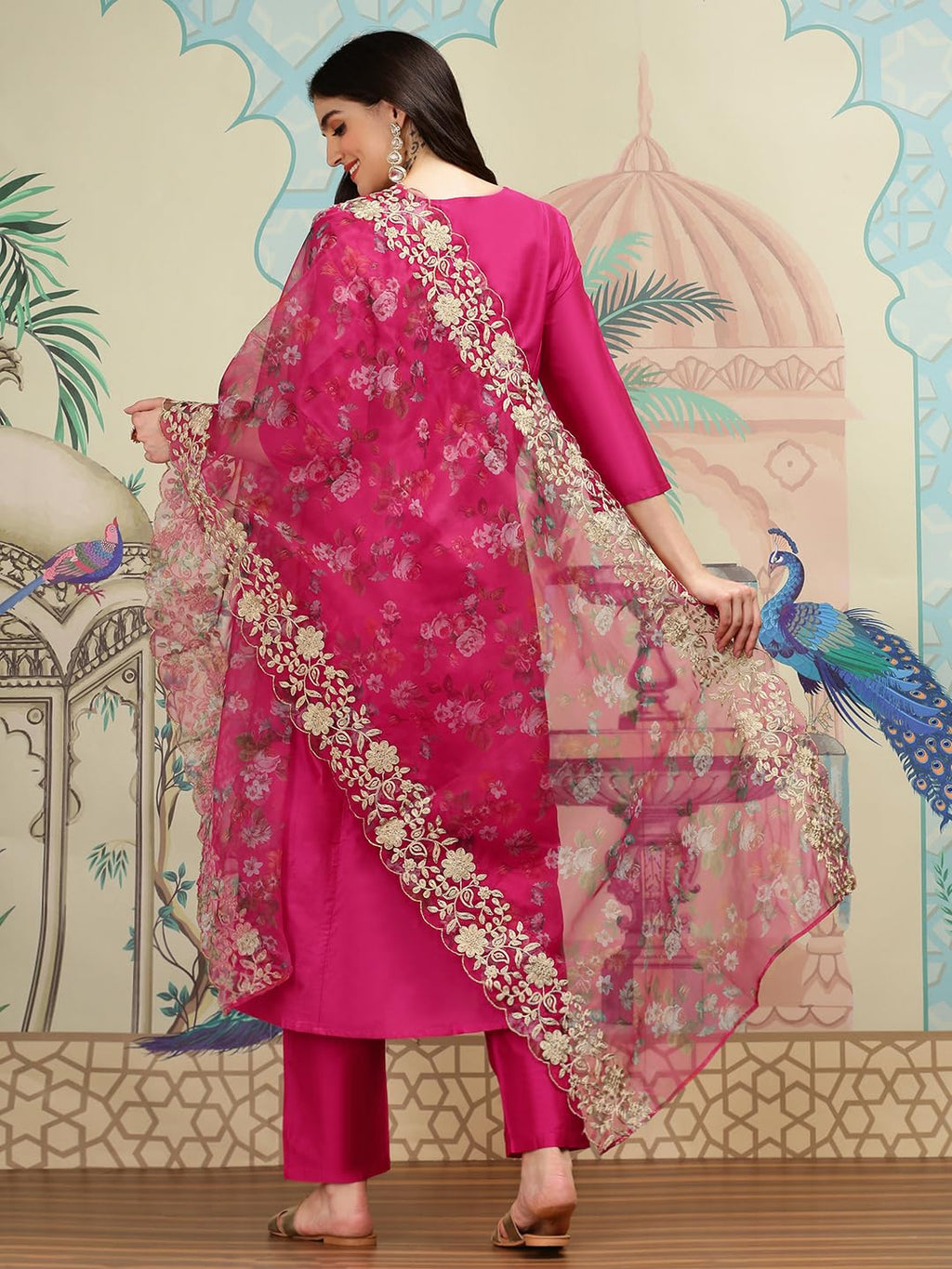 Ishin V-Neck Three-Quarter Sleeves Kurta With Trousers & With Printed Dupatta | Kurta Set For Women | Kurta With Trousers And Du