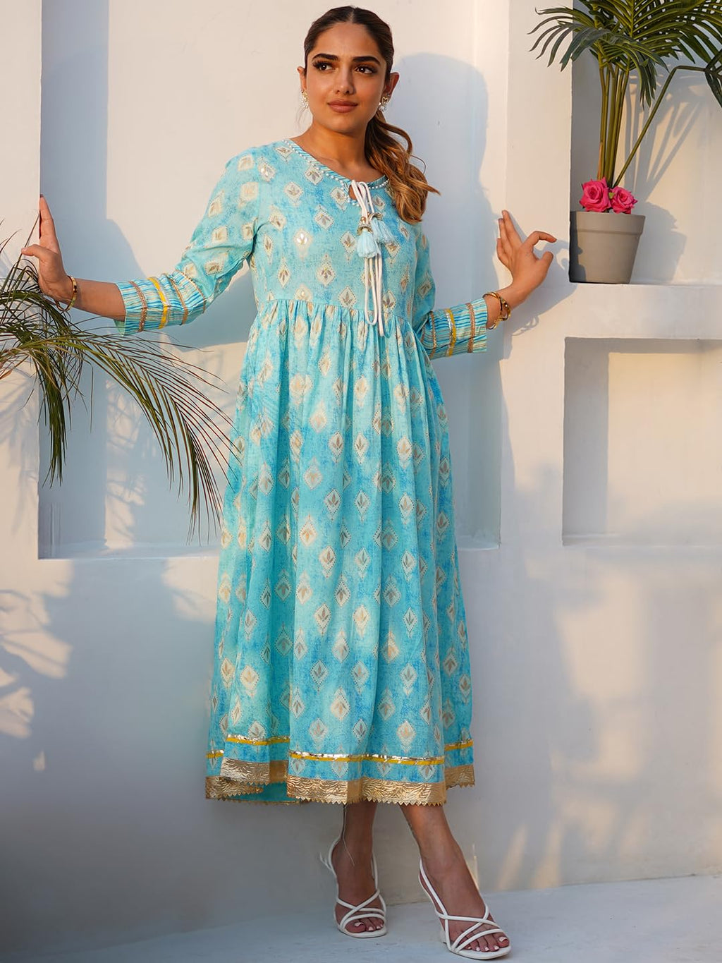 Libas WomenS Cotton Fit And Flare Midi Dress (37139_Turquoise