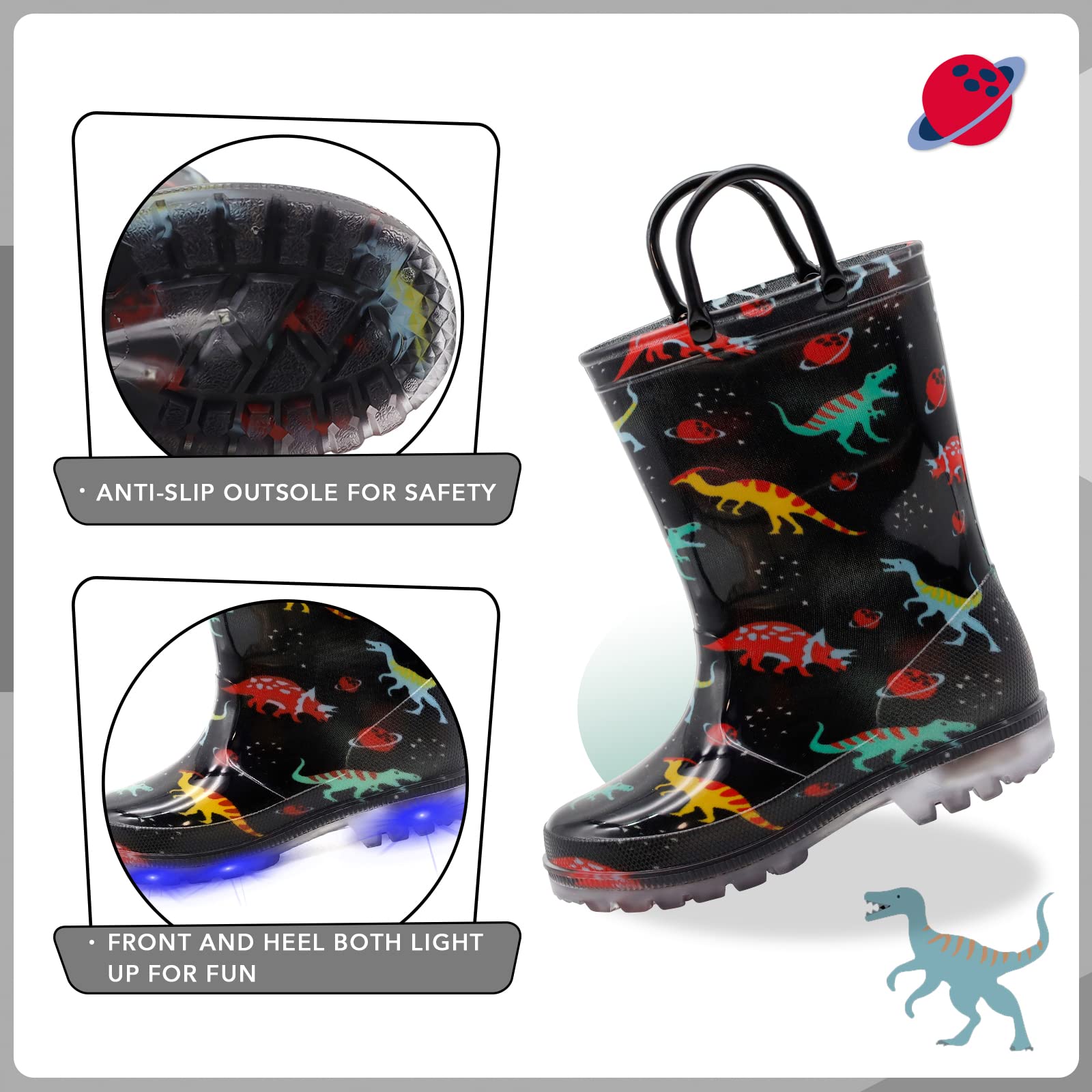 EUXTERPA Toddler-Kids Waterproof Light Up Rain Boots with Handles for Boys Little Kid size 13 Black Dinosaur