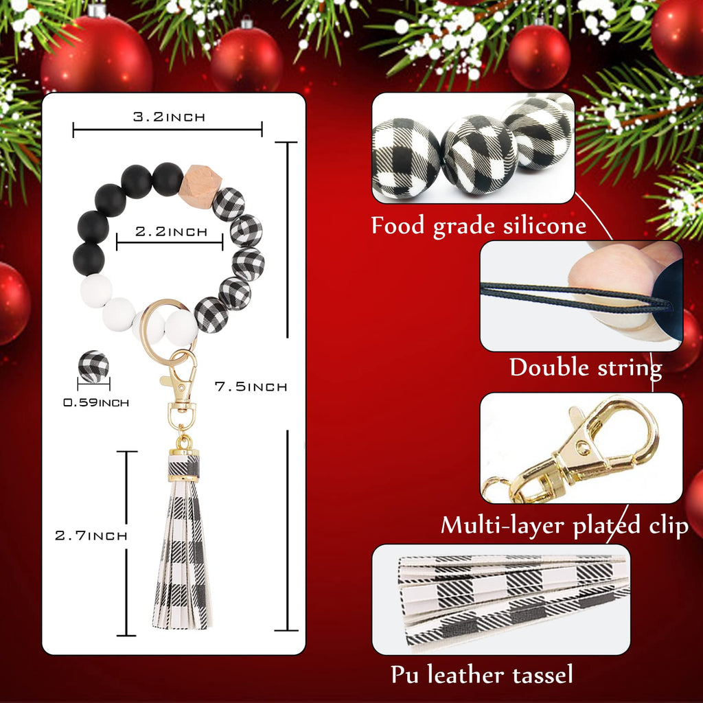 BAOSIWA Silicone Beaded Bracelet Keychain Black and White Plaid Wristlet Key Ring Bangle Chains Christmas Gifts for Women Girls