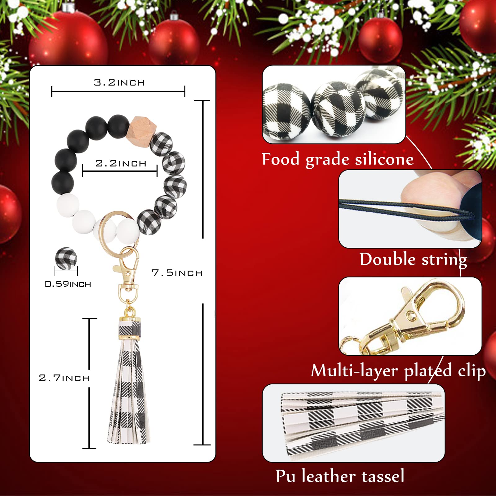 BAOSIWA Silicone Beaded Bracelet Keychain Black and White Plaid Wristlet Key Ring Bangle Chains Christmas Gifts for Women Girls
