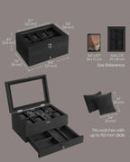 SONGMICS 8-Slot Watch Box, 2-Tier Display Case With Large Glass Lid, Removable Pillows, Velvet Lining, Jewelry Box, Gift Idea, I