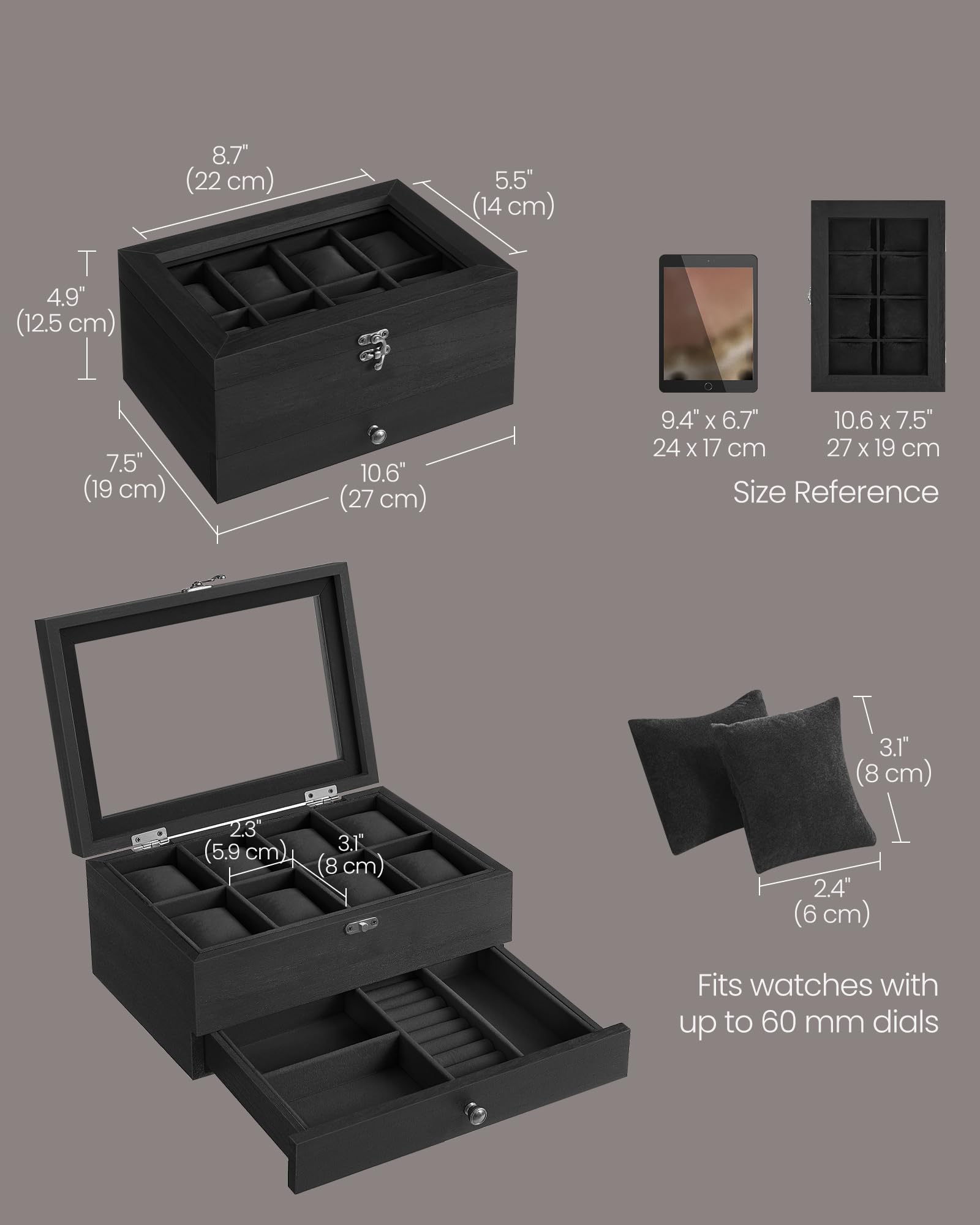 SONGMICS 8-Slot Watch Box, 2-Tier Display Case With Large Glass Lid, Removable Pillows, Velvet Lining, Jewelry Box, Gift Idea, I