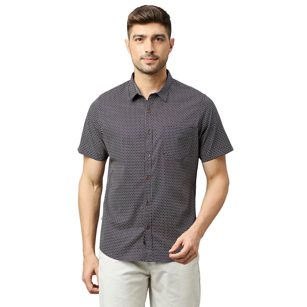 Thomas Scott Mens Printed Slim Fit 100% Cotton Casual Shirt with Spread Collar and Half Sleeve