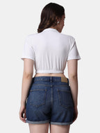 POPWINGS Women Casual White Solid Collar Crop Top | Tops for Women | Tops for Women Stylish | Tops for Women