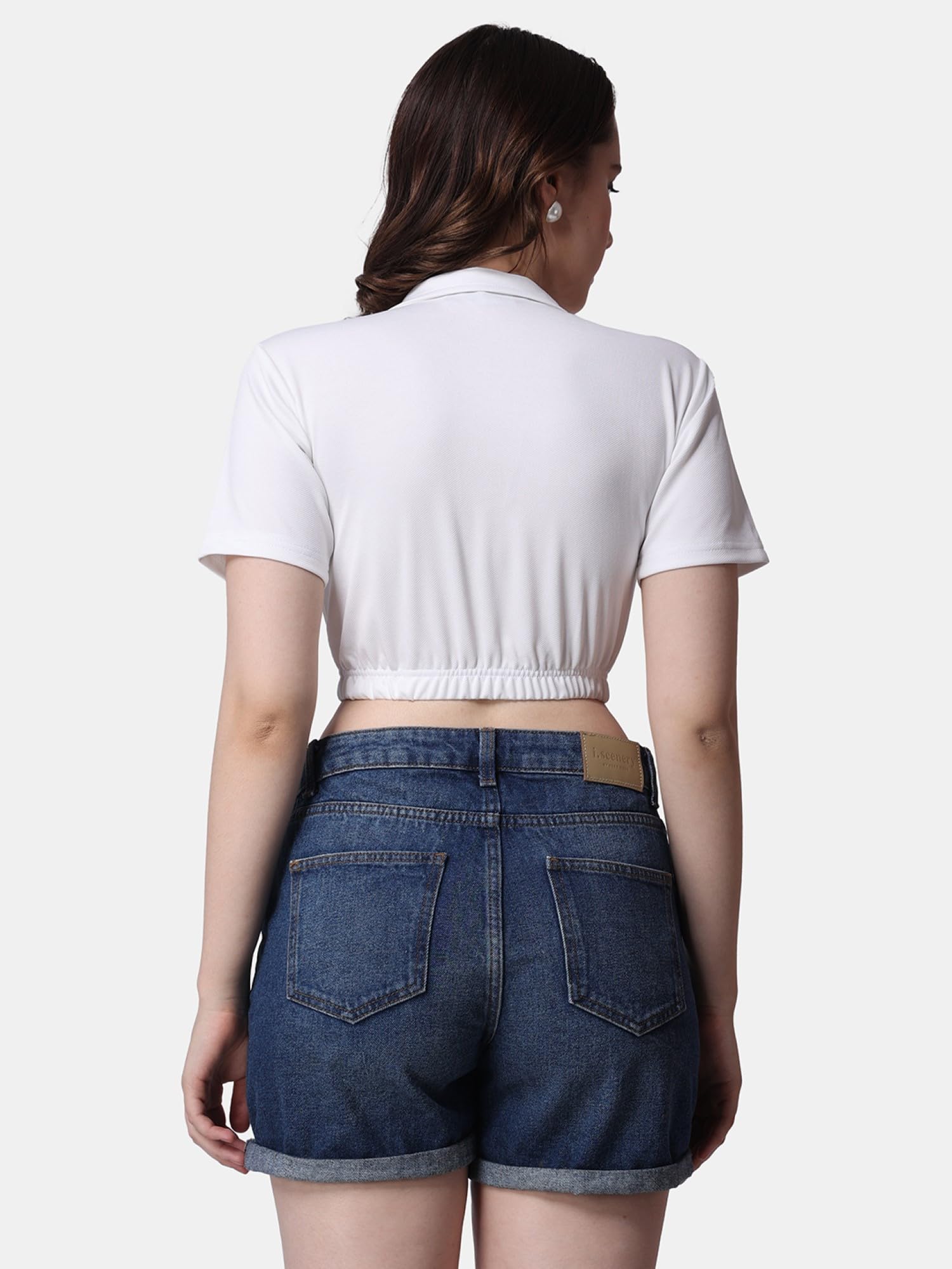 POPWINGS Women Casual White Solid Collar Crop Top | Tops for Women | Tops for Women Stylish | Tops for Women