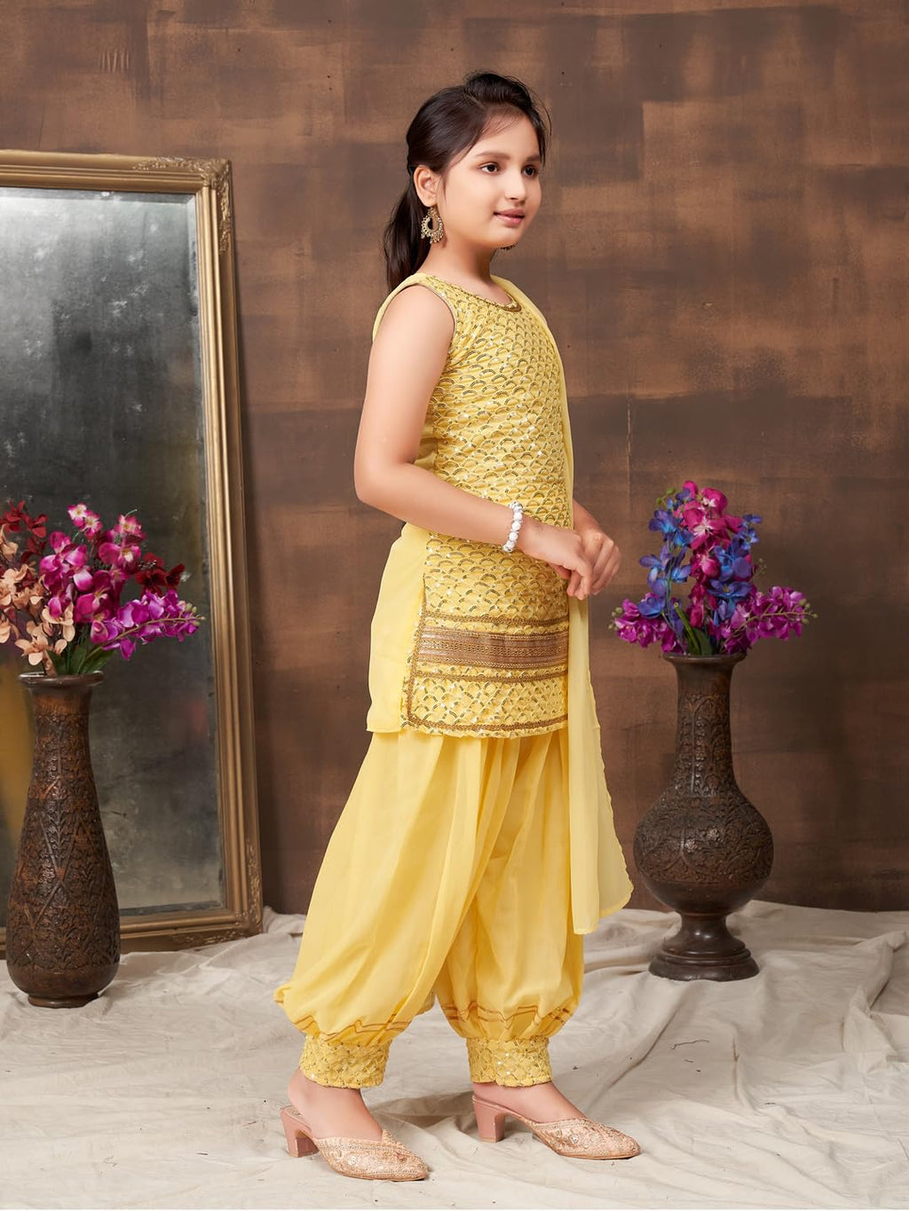 Aarika Girls Ethnic Wear Yellow Colour Sequin Embroidery Lace Work Georgette Kurti Patiala Set (10-15 Years)
