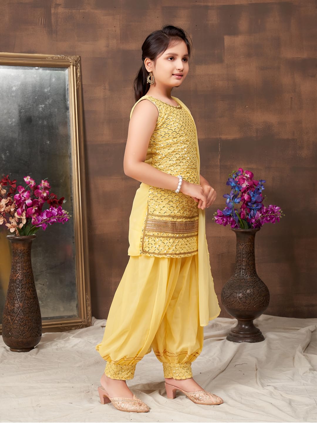 Aarika Girls Ethnic Wear Yellow Colour Sequin Embroidery Lace Work Georgette Kurti Patiala Set (10-15 Years)