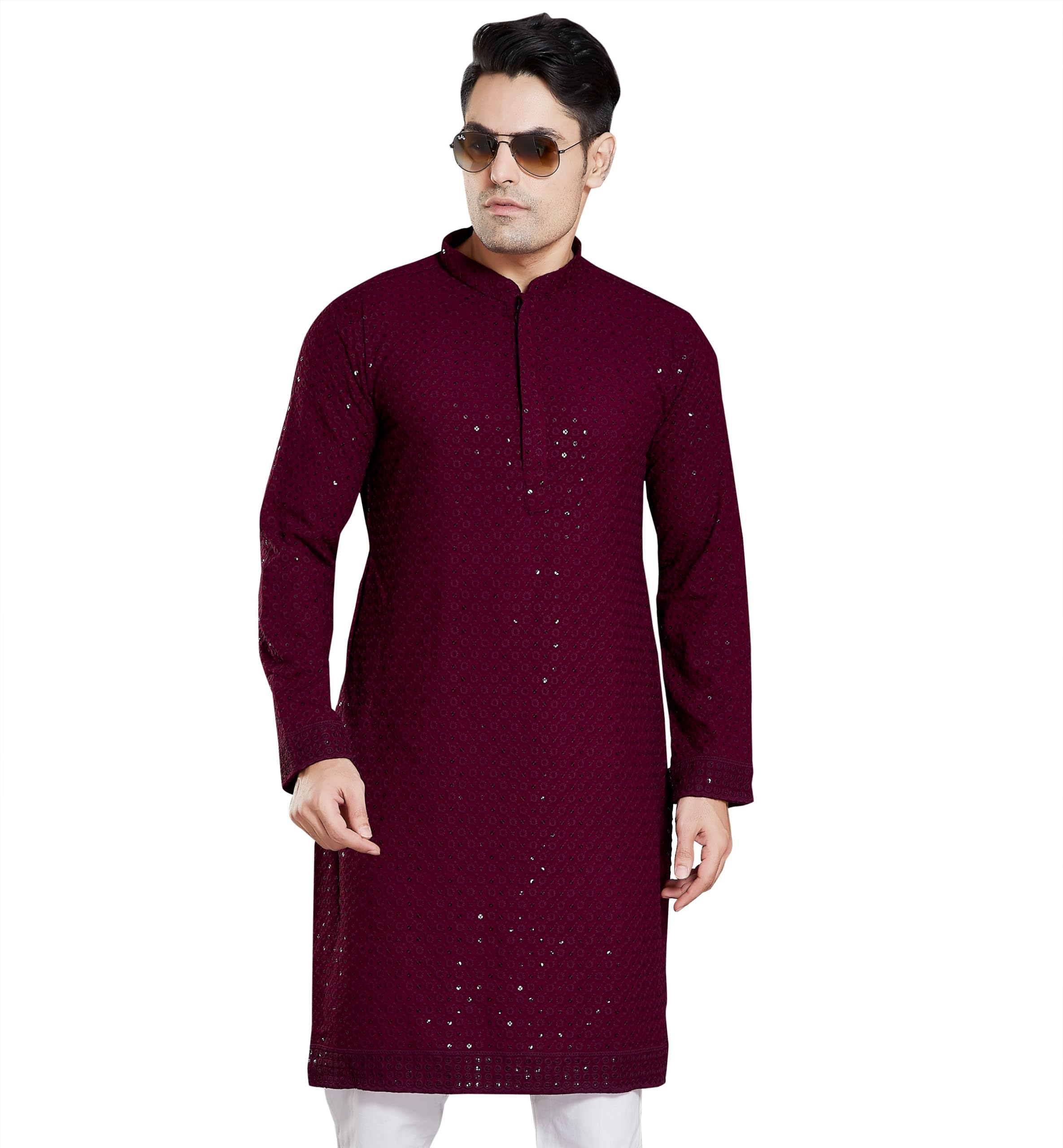 DIVISIVE Mens Sequince Embroidered Cotton Blend Only Slim Fit Kurta (DKRT14_M_Burgundy)