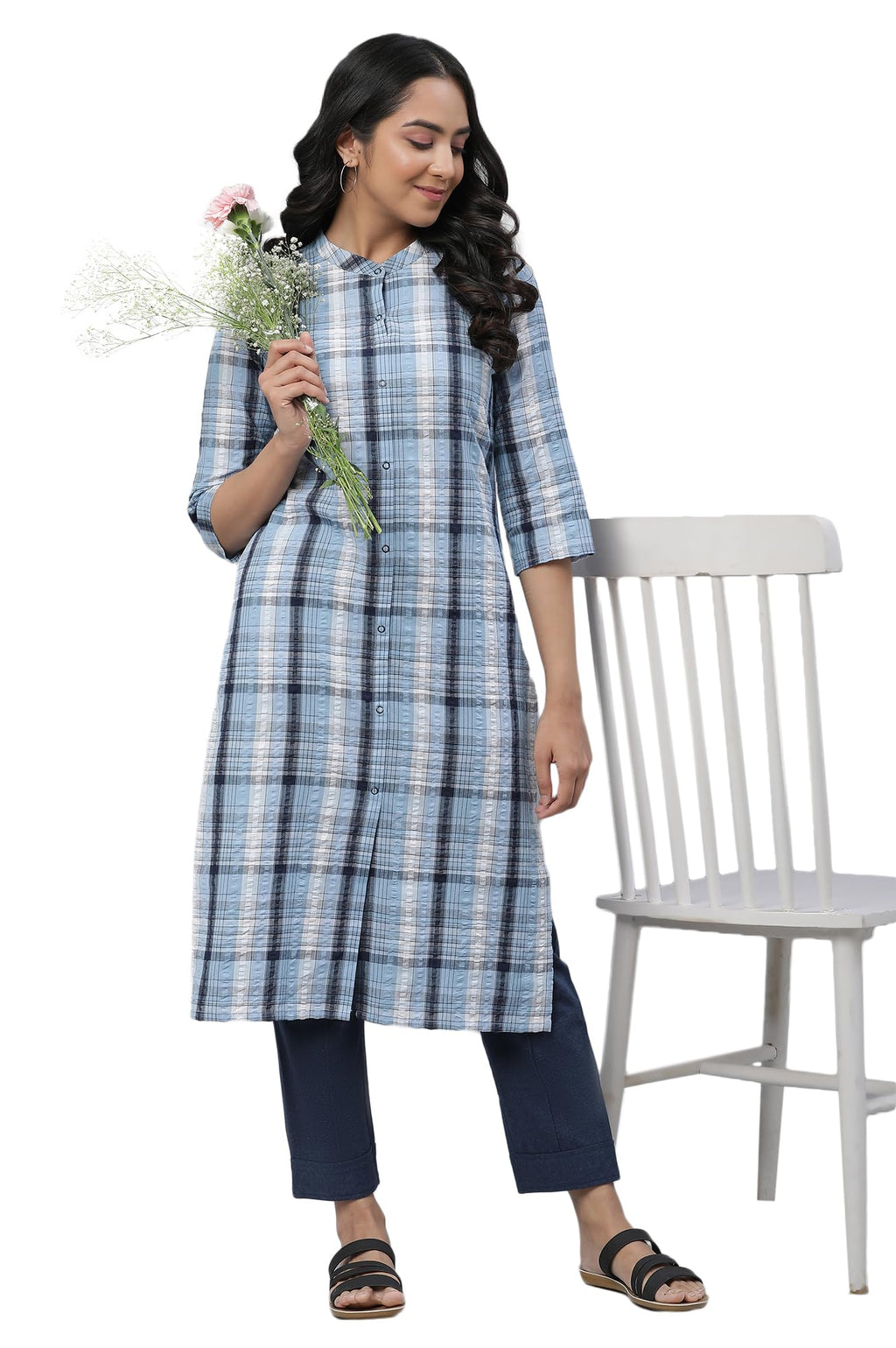Aurelia Blue Checked Cotton Regular Kurta for Women