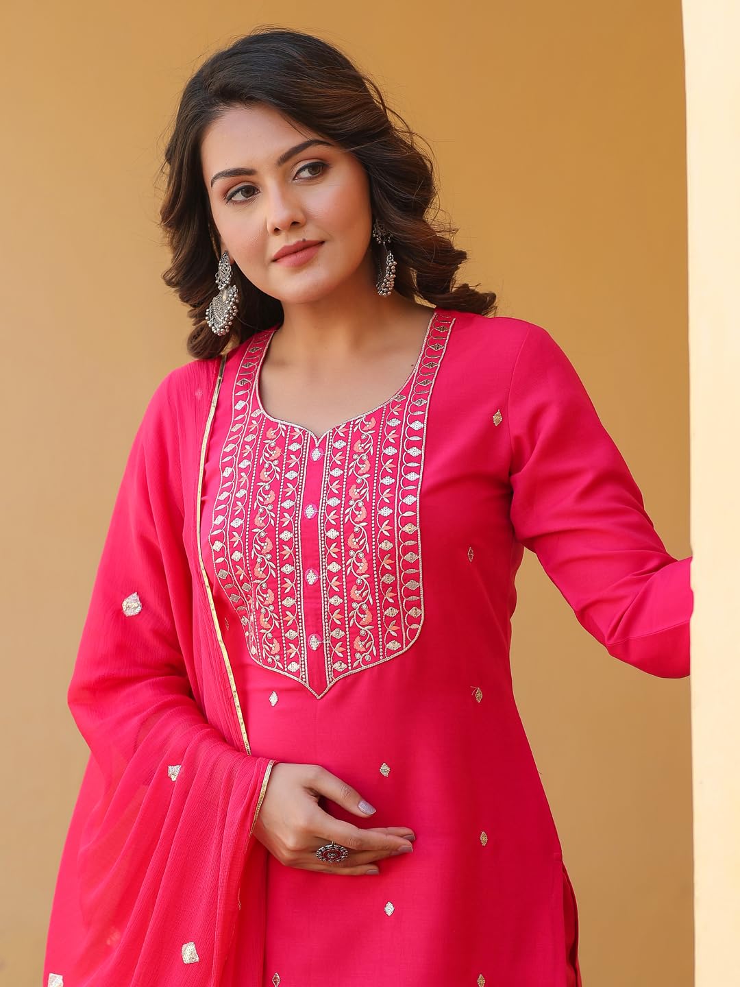 ANNI DESIGNER Women s Kurta Rayon Blend Pants with Dupatta, Pink, XL