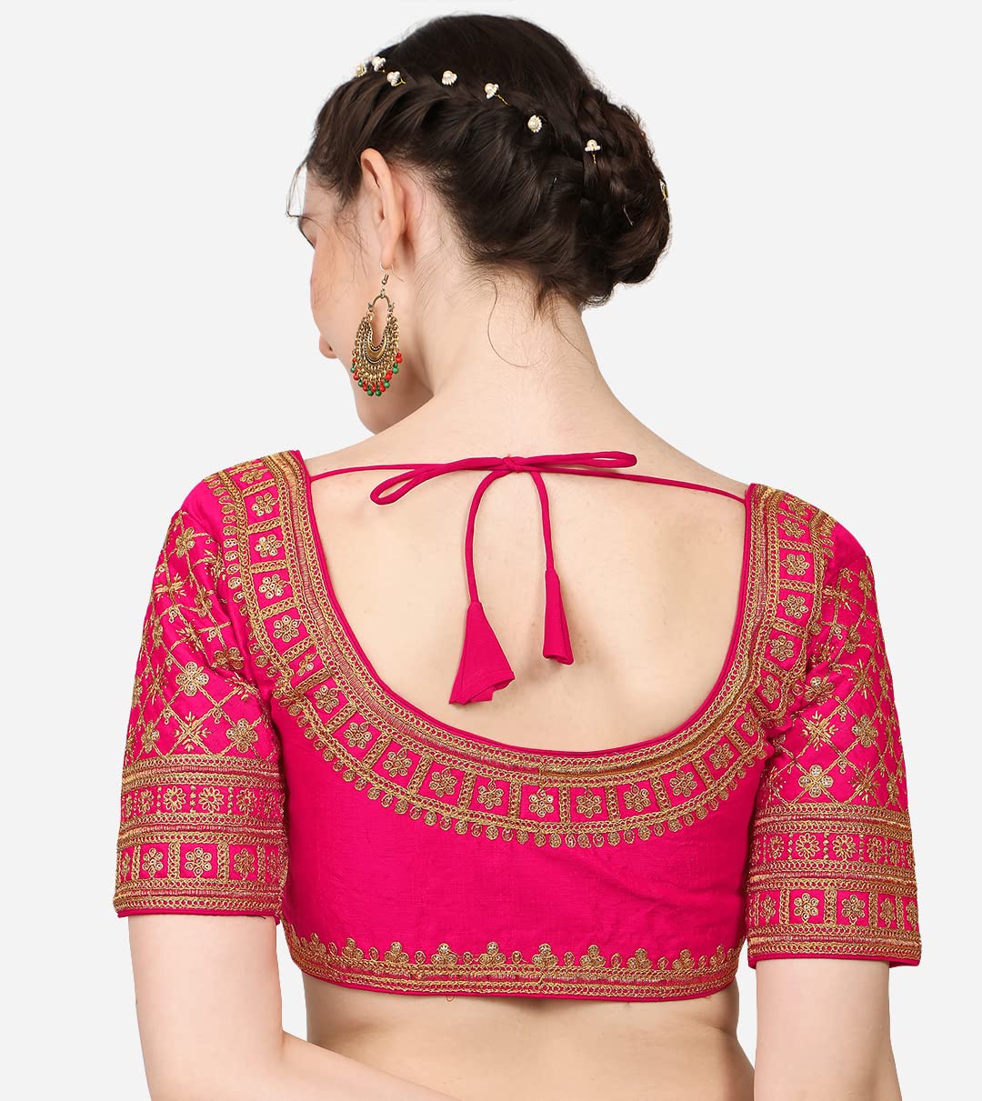Pujia Mills WomenS Silk Embroidery Sequin Stone Work Readymade Saree Blouse