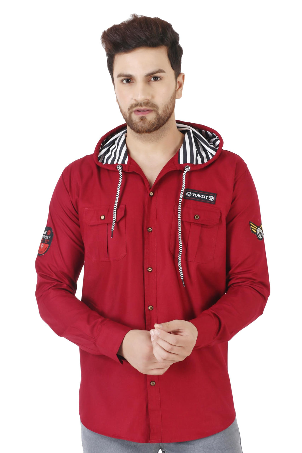 Besix MenS Red Tailored Fit Cotton Blend Shirt For Man With Hoodie - Casual Long Sleeve Shirt With Pockets - Patch Detail For S