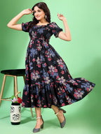 Kuduzo WomenS Cotton Blend Ruffle Midi Dress With Floral Print Short Sleeves Knee Length Regular Fit And Square Neck Black