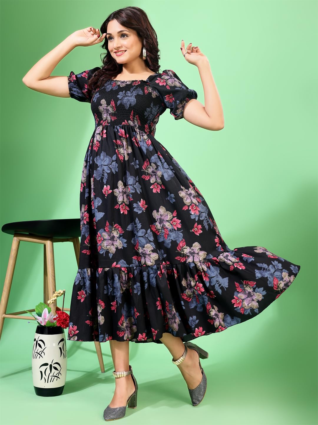 Kuduzo WomenS Cotton Blend Ruffle Midi Dress With Floral Print Short Sleeves Knee Length Regular Fit And Square Neck Black